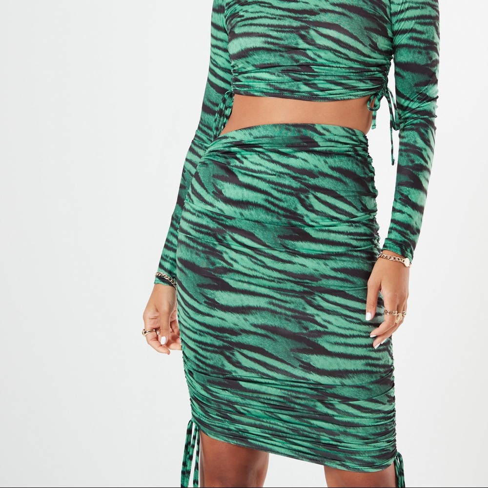 Green Zebra Print Slinky Ruched Midaxi Skirt